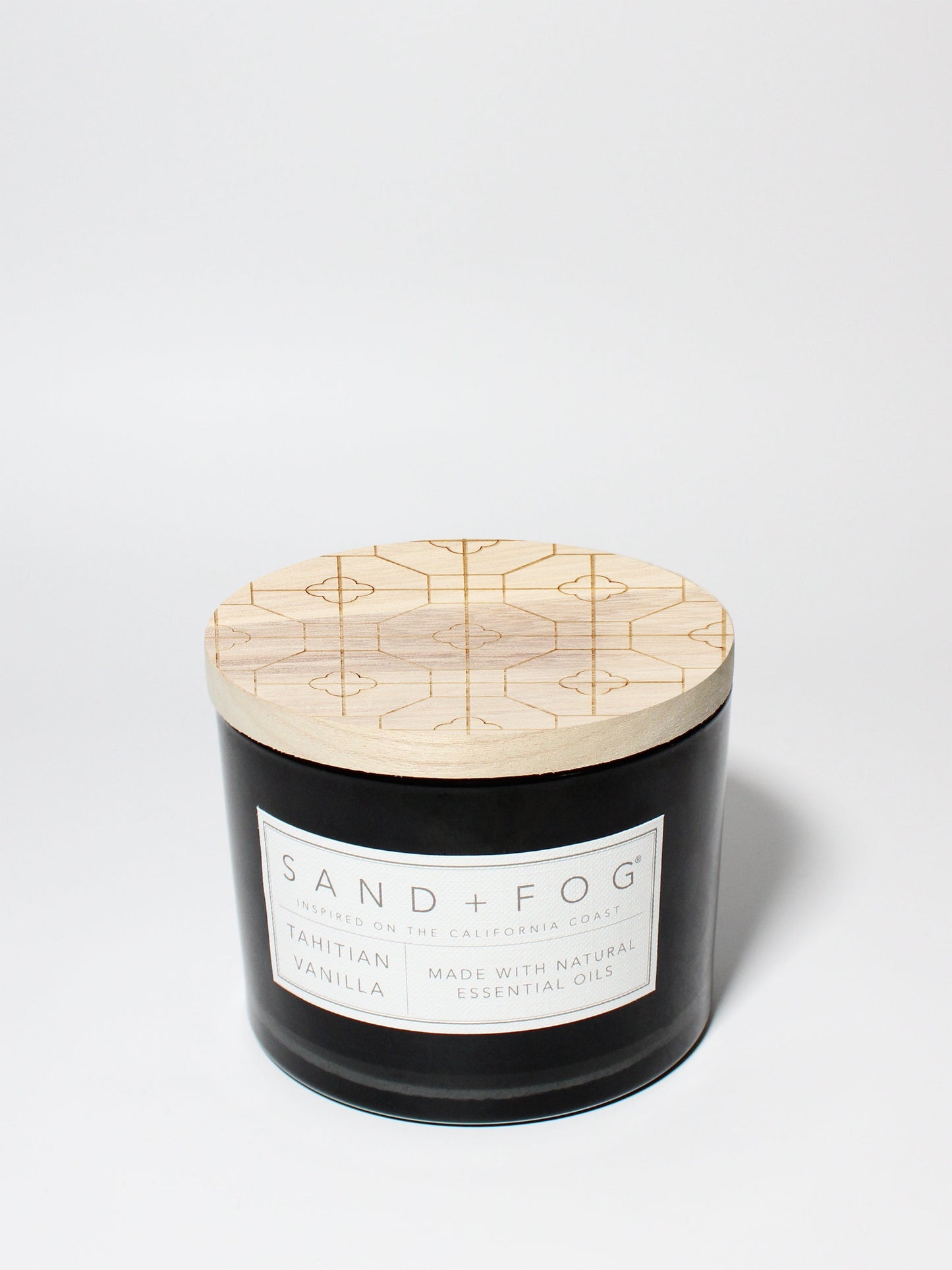 Tahitian Vanilla 12 oz scented candle Black vessel with Carved geometric lid