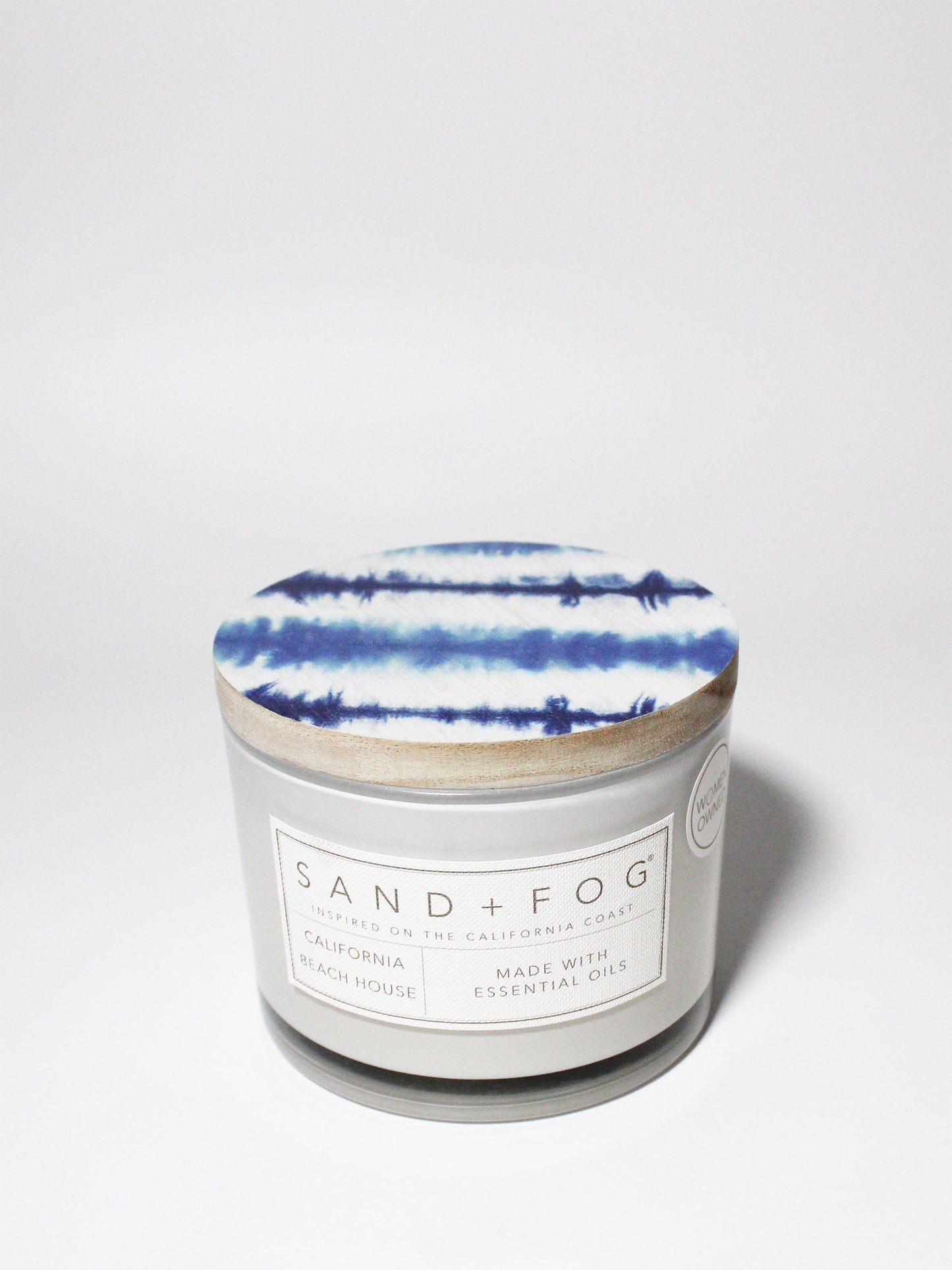 California Beach House 12 oz scented candle White vessel with Blue tye dye stripes lid