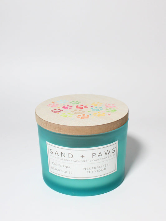 Sand + Paws California Beach House 12 oz scented candle Coast vessel with Painted Colorful Paw Prints in Heart Shape lid