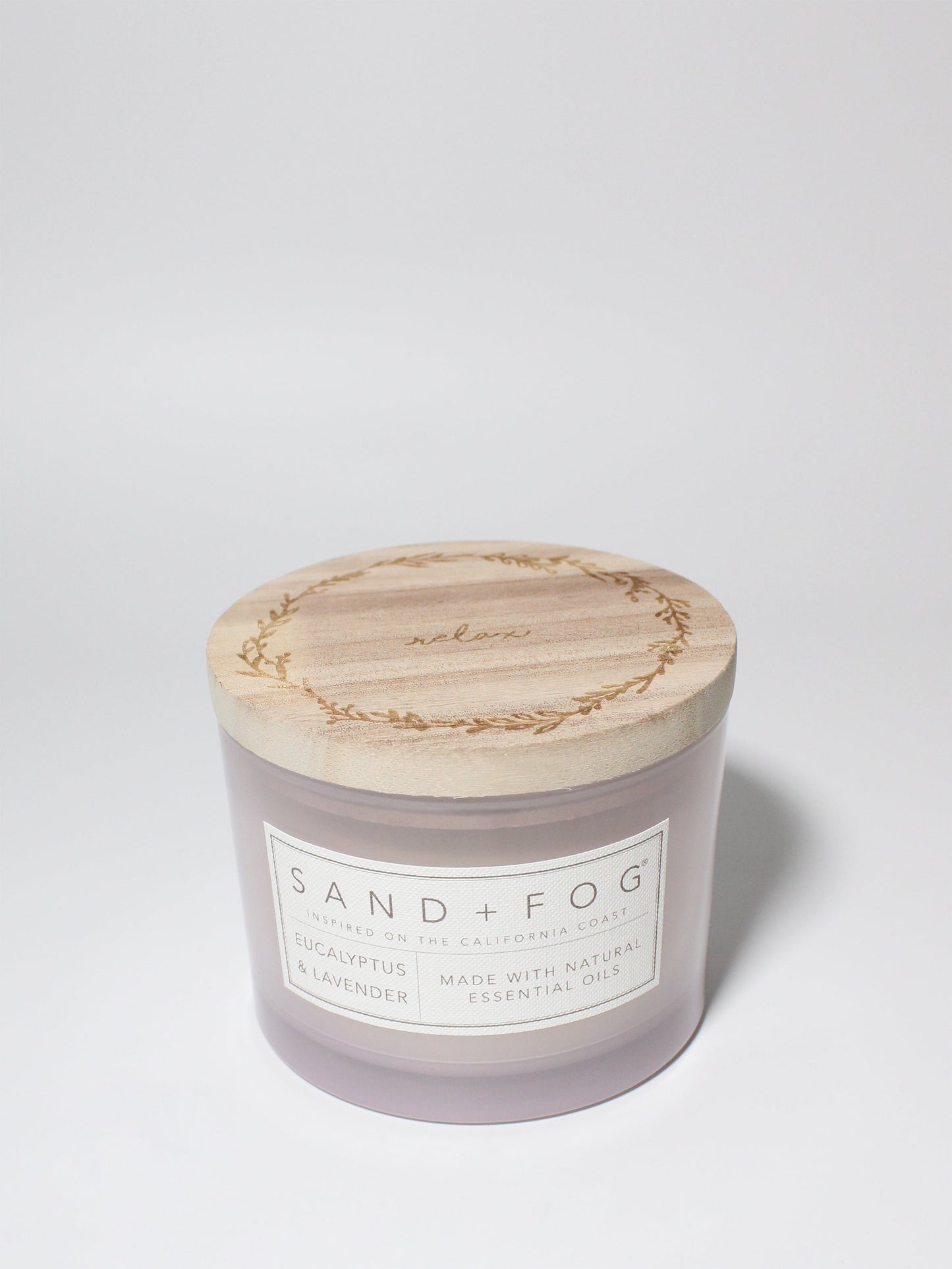 Eucalyptus & Lavender 12 oz scented candle Light purple vessel with "relax" carved lid