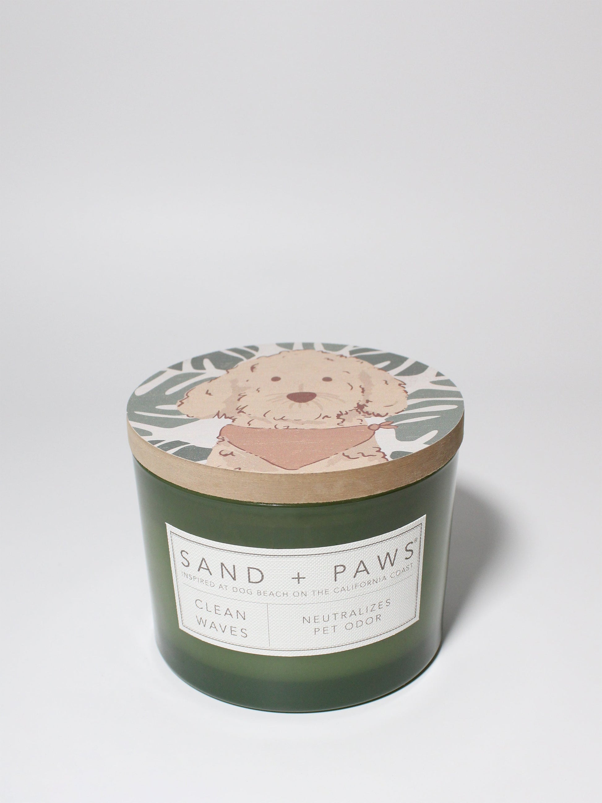 Sand + Paws Clean Waves 12 oz scented candle Kale vessel with Golden Doodle painted lid