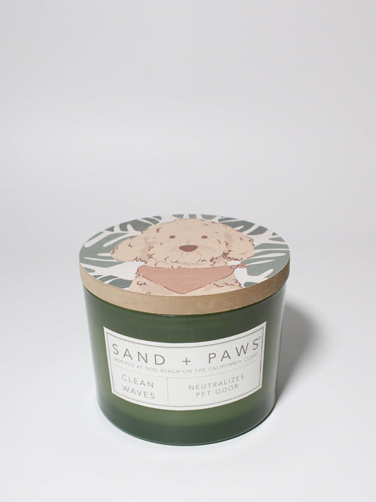 Sand + Paws Clean Waves 12 oz scented candle Kale vessel with Golden Doodle painted lid