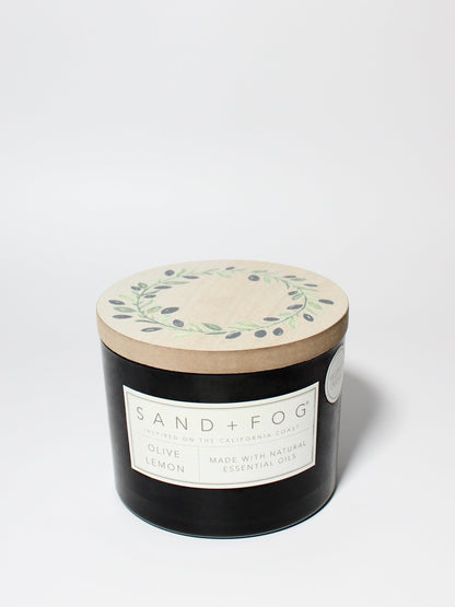Olive Lemon 12 oz scented candle Black vessel with Olive Wreath lid