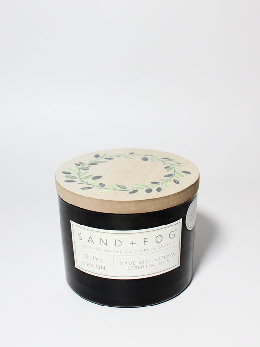Olive Lemon 12 oz scented candle Black vessel with Olive Wreath lid