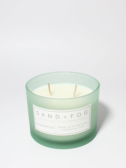 Eucalyptus 12 oz scented candle Sea Foam vessel with breathe relax unwind lid