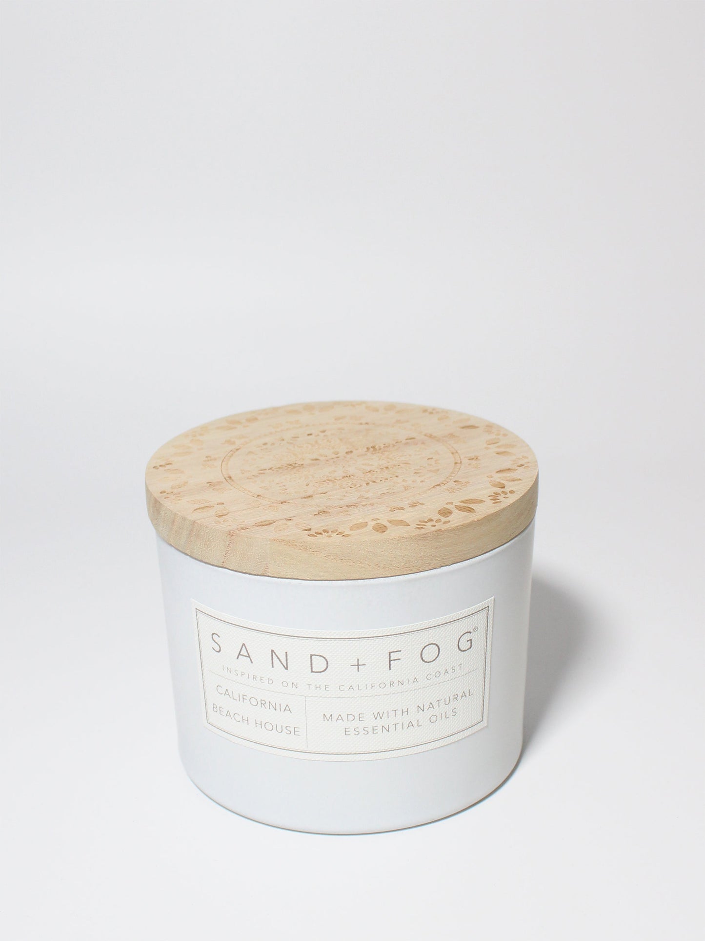 California Beach House 12 oz scented candle White vessel with Carved Mandala lid