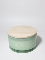 Eucalyptus Spa 23 oz scented candle Seafoam vessel with Sand+Fog wood lid