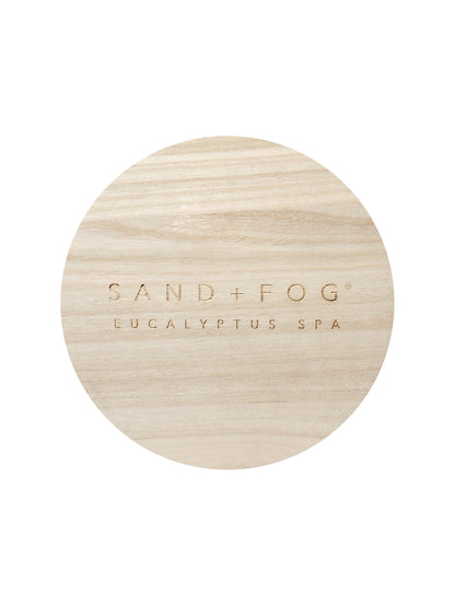 Eucalyptus Spa 23 oz scented candle Seafoam vessel with Sand+Fog wood lid