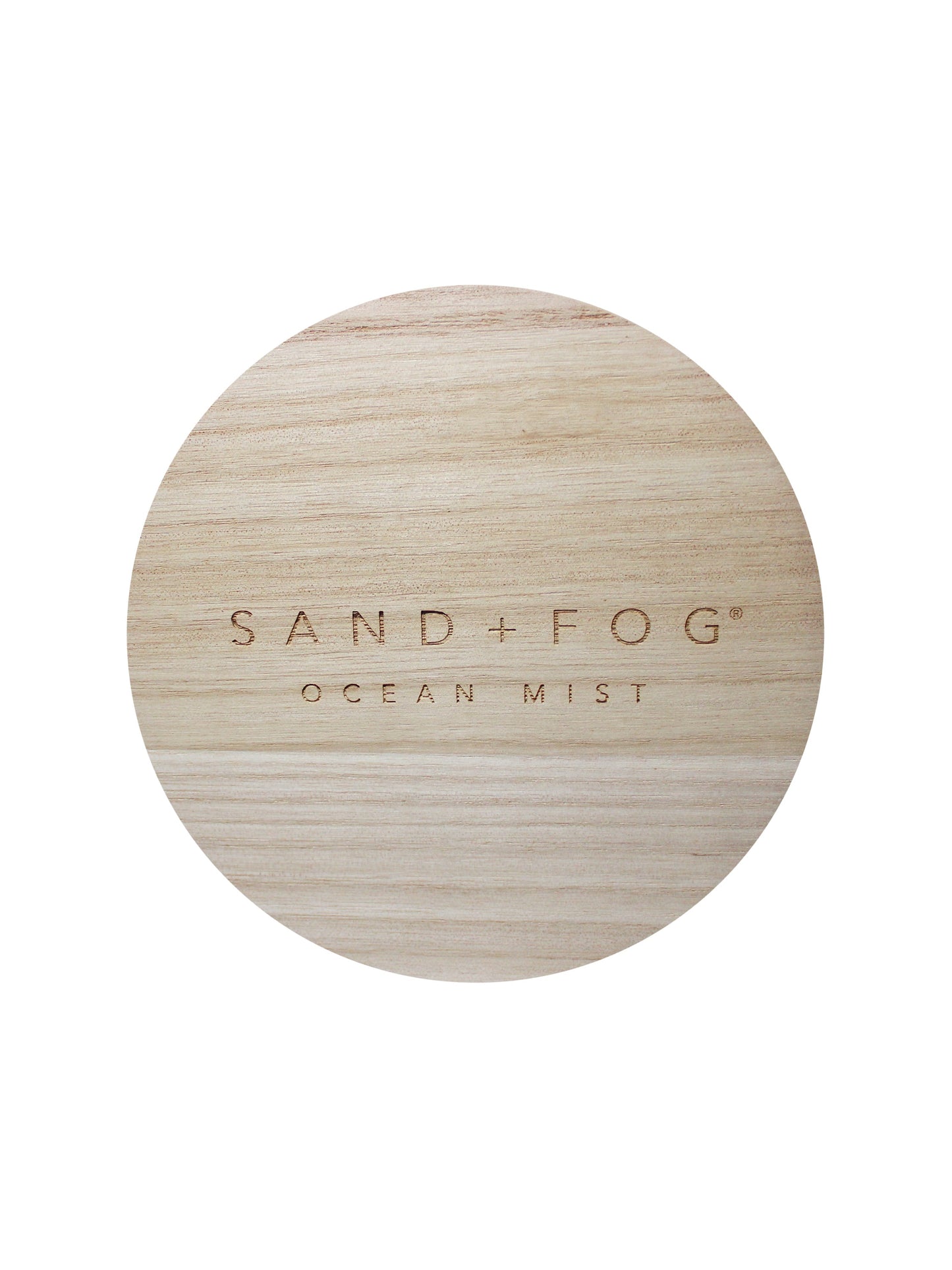 Wood lid with "Sand + Fog Ocean Mist" carved